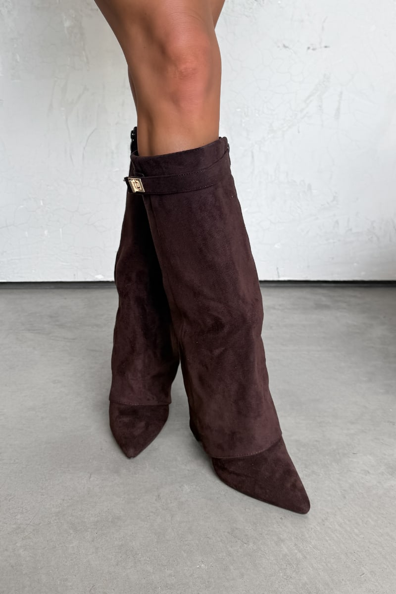 GWEN Flared Knee High Boots - Brown Suede