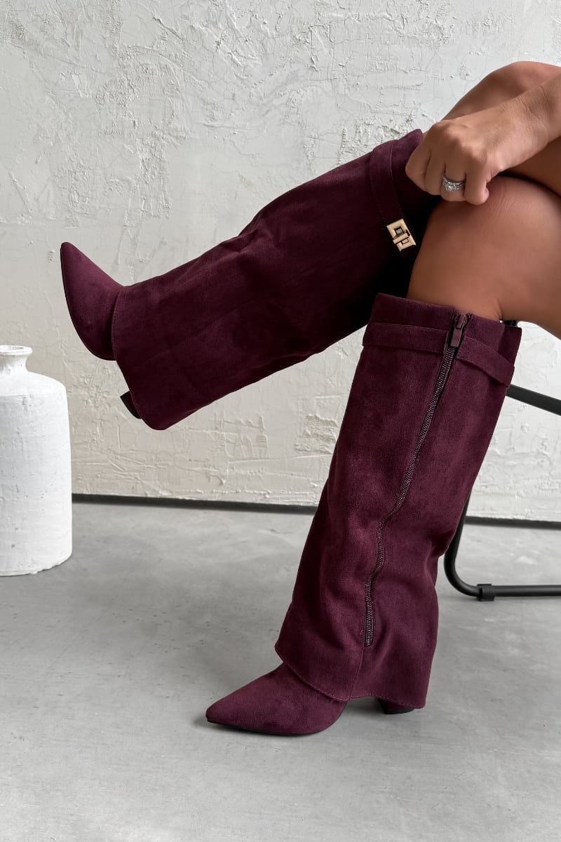 GWEN Flared Knee High Boots - Burgundy Suede
