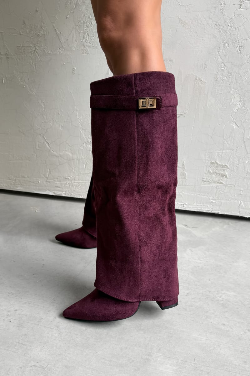 GWEN Flared Knee High Boots - Burgundy Suede - 1