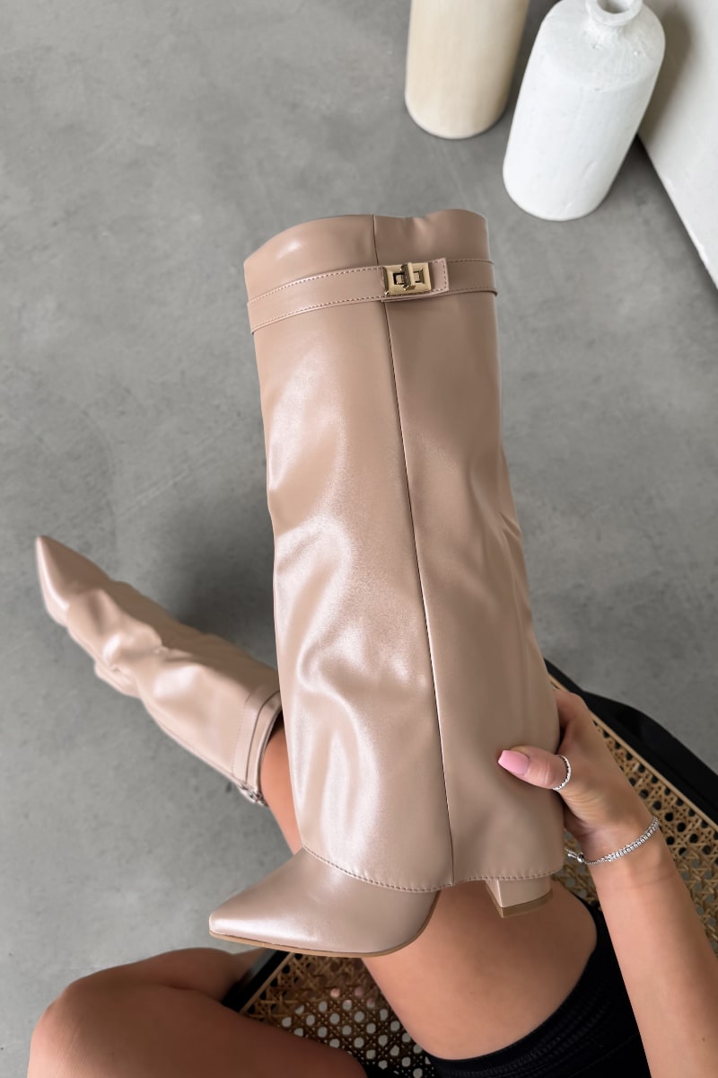 GWEN Flared Knee High Boots - Beige PU - 5