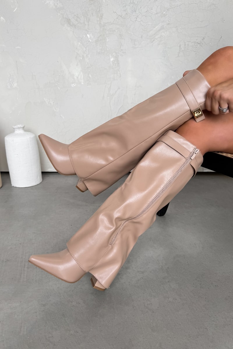 GWEN Flared Knee High Boots - Beige PU - 1