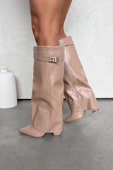 GWEN Flared Knee High Boots - Beige PU - 3