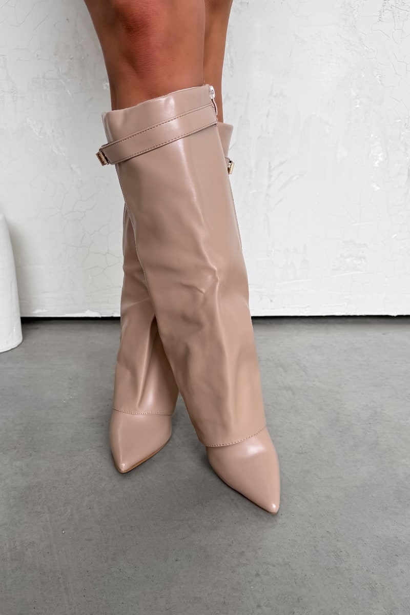 GWEN Flared Knee High Boots - Beige PU - 4