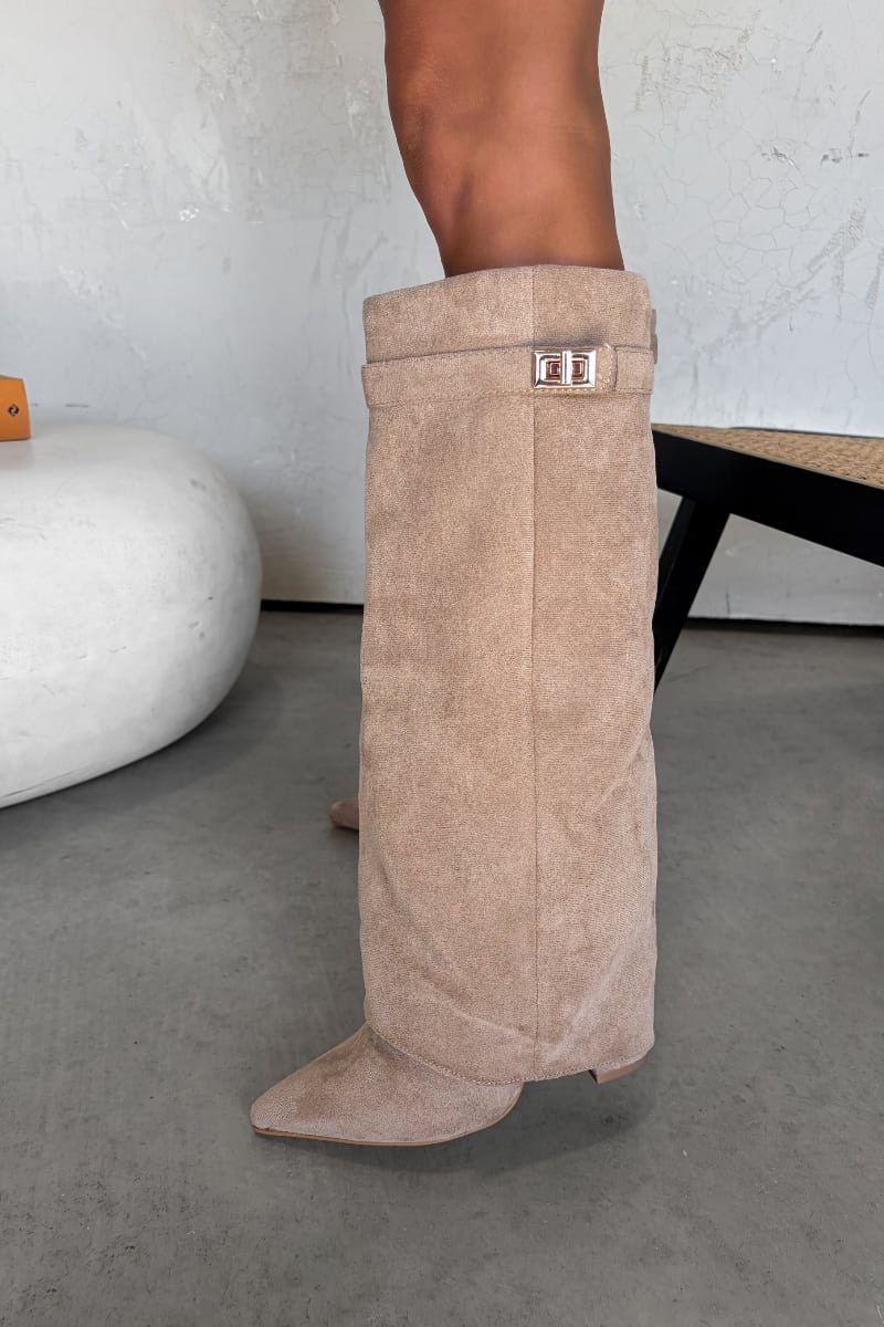 GWEN Flared Knee High Boots - Beige Suede - 1