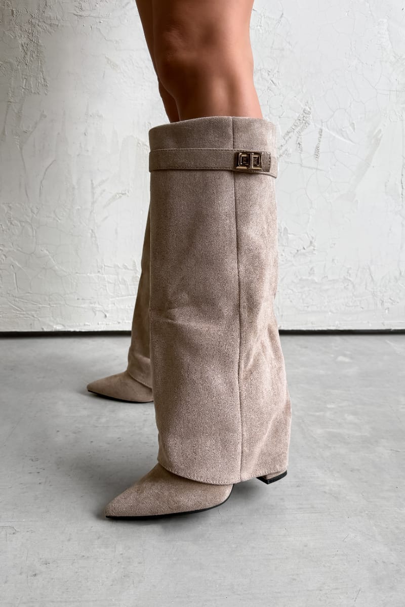 GWEN Flared Knee High Boots - Beige Suede - 2