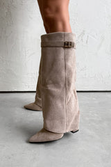 GWEN Flared Knee High Boots - Beige Suede - 2