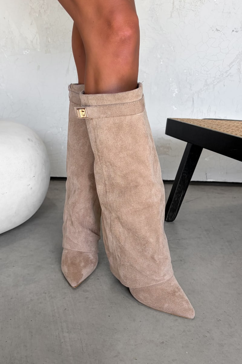 GWEN Flared Knee High Boots - Beige Suede - 3