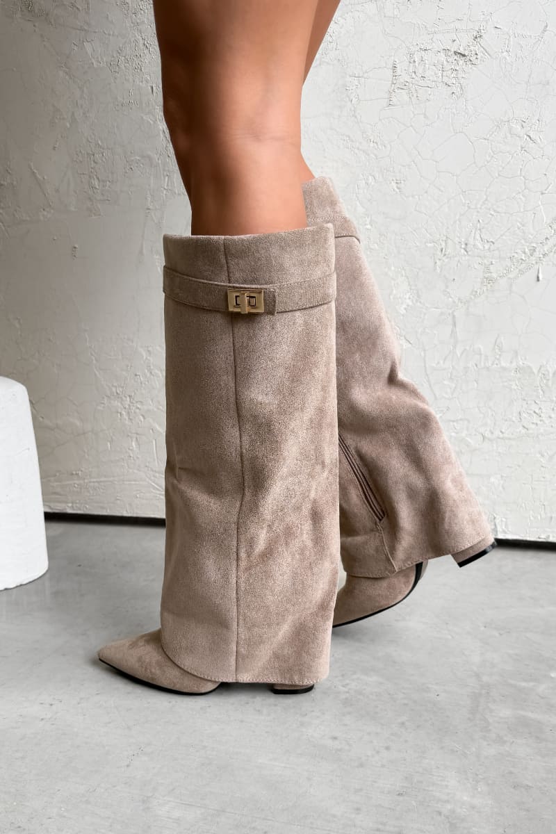 GWEN Flared Knee High Boots - Beige Suede - 3