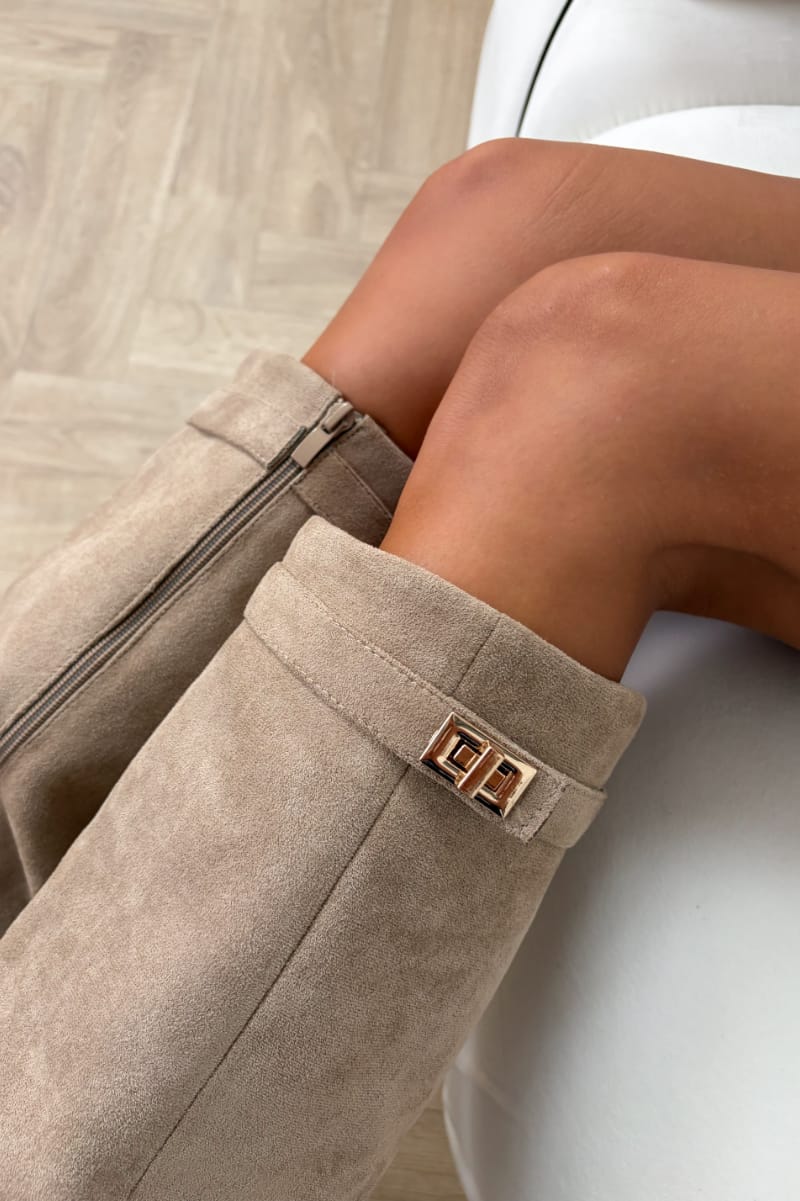 GWEN Flared Knee High Boots - Beige Suede - 4