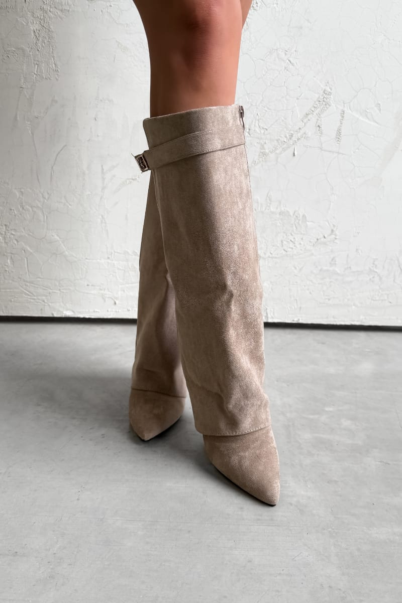 GWEN Flared Knee High Boots - Beige Suede - 4