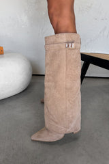 GWEN Flared Knee High Boots - Beige Suede - 1