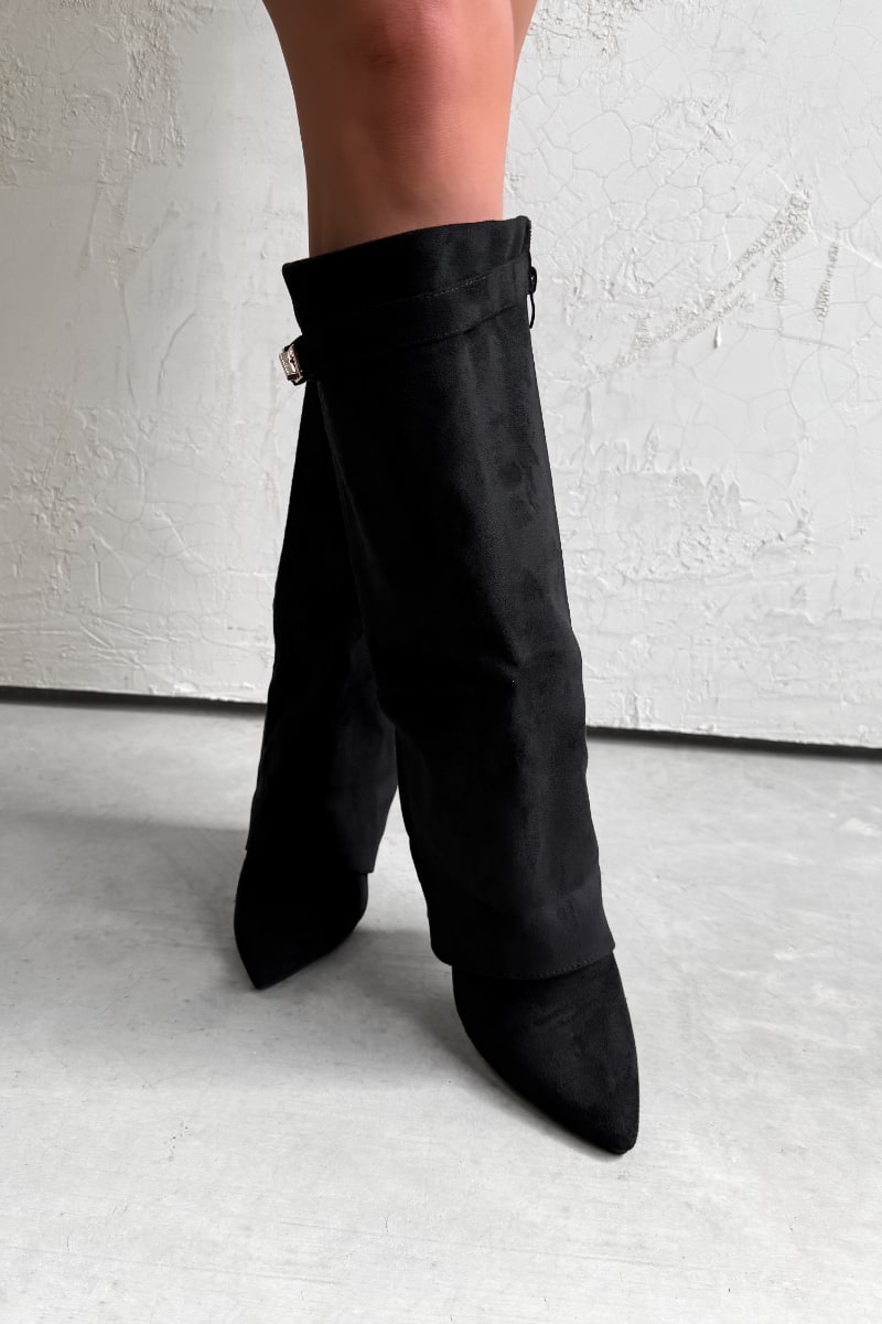 GWEN Flared Knee High Boots - Black Suede - 3