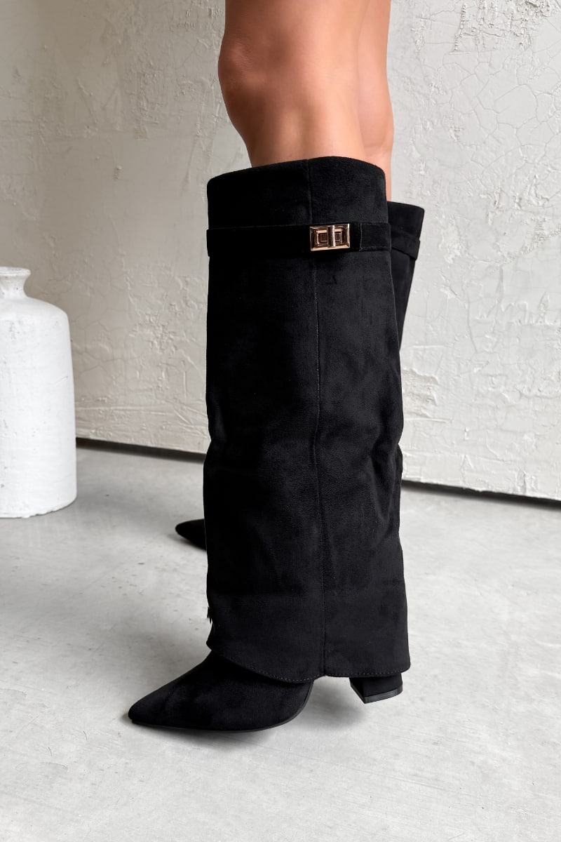 GWEN Flared Knee High Boots - Black Suede - 2