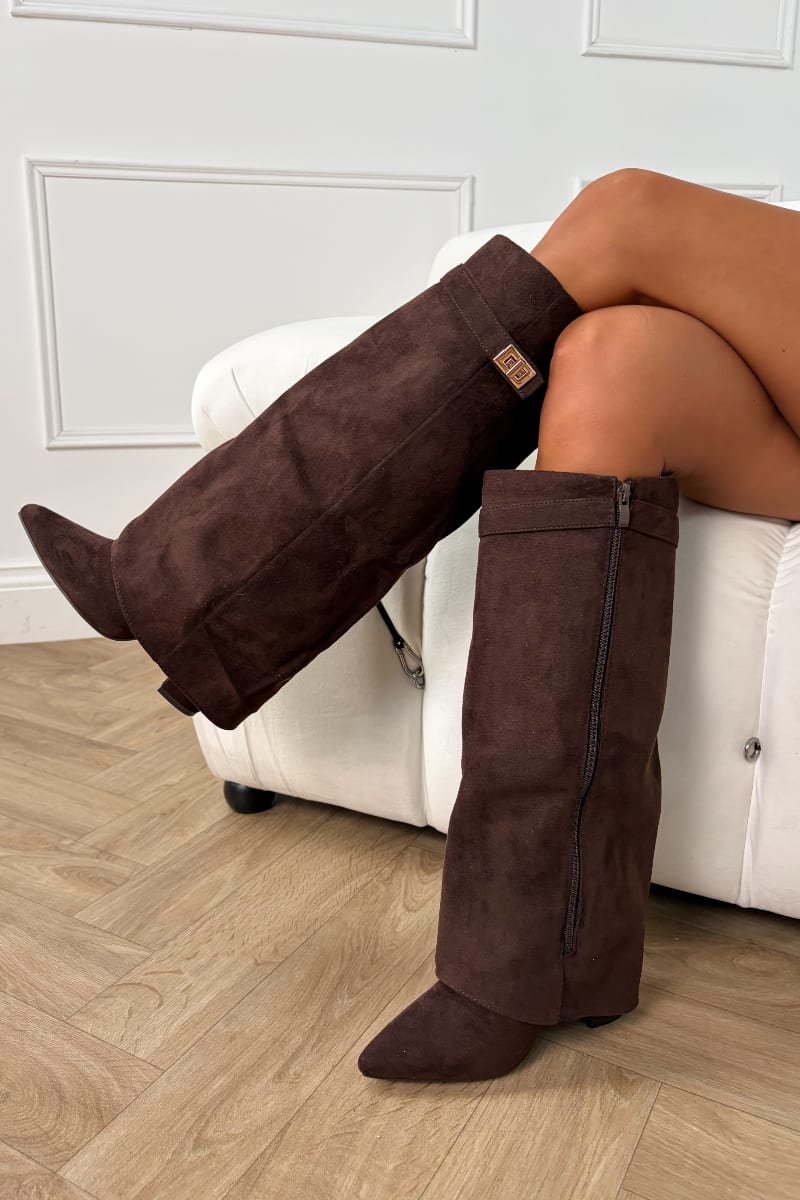 GWEN Flared Knee High Boots - Brown Suede - 5