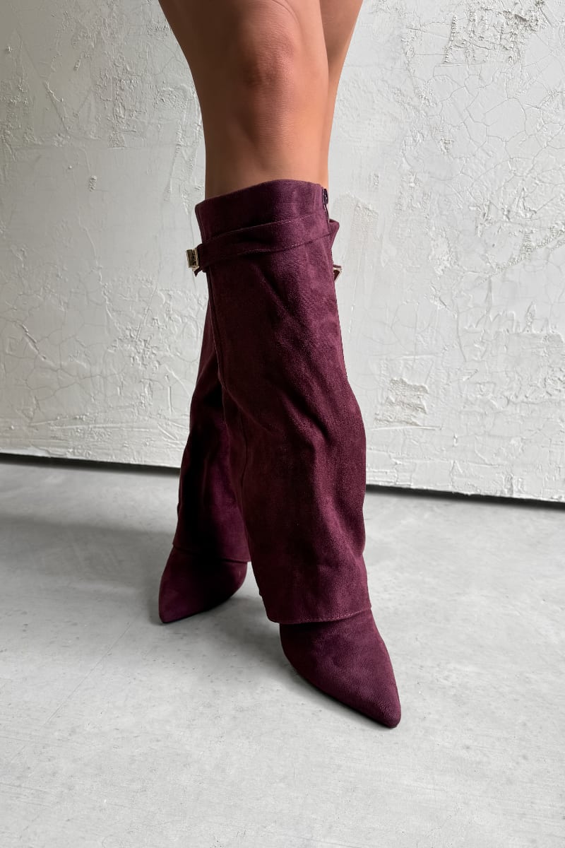 GWEN Flared Knee High Boots - Burgundy Suede - 2
