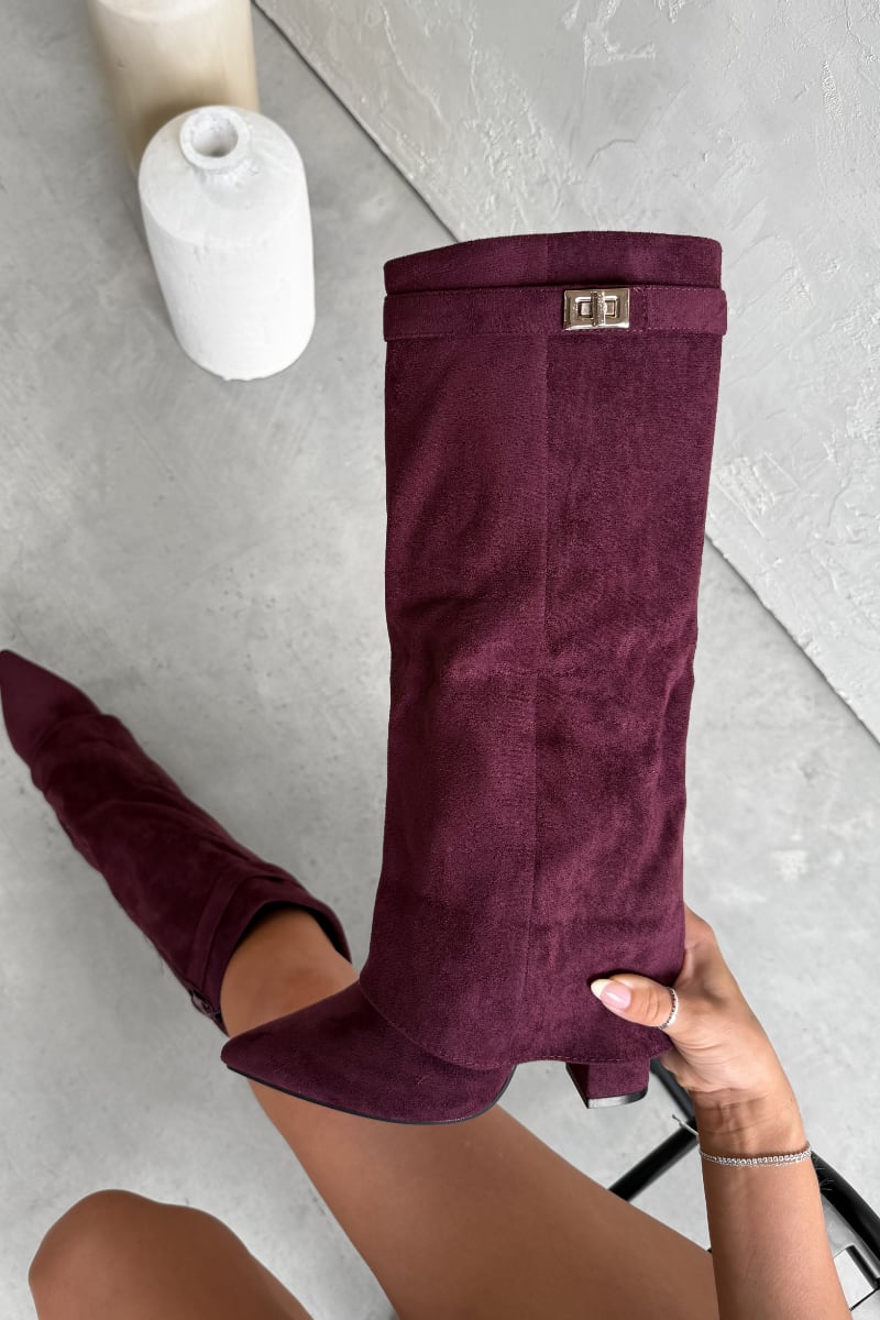 GWEN Flared Knee High Boots - Burgundy Suede - 3