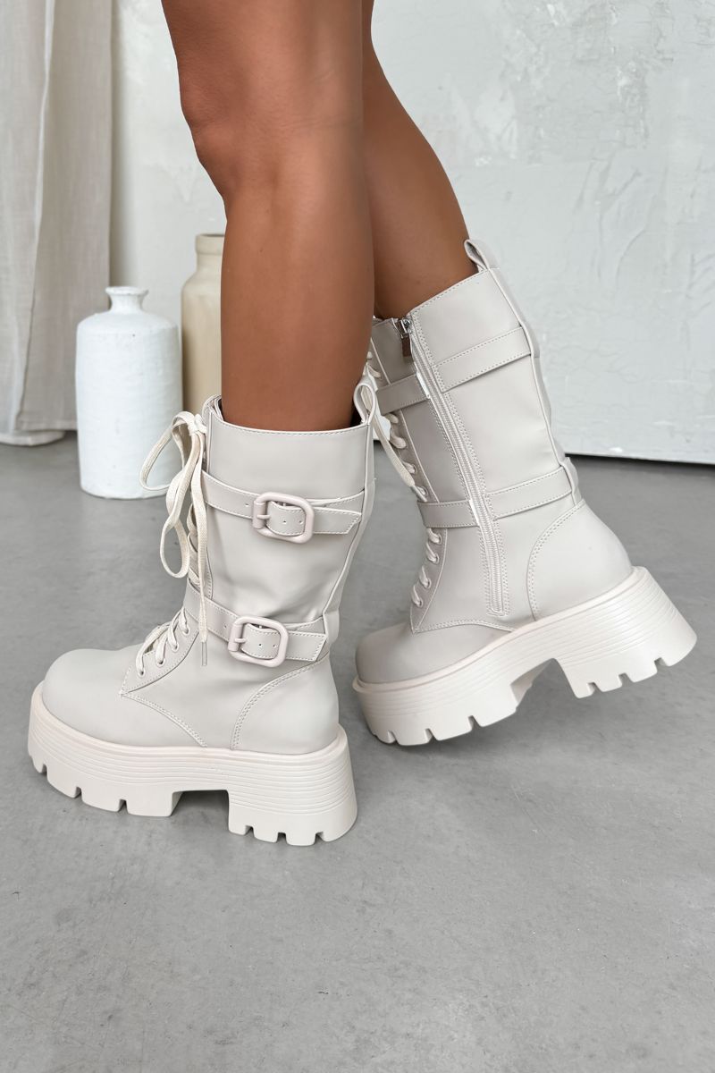 HAISLEY Chunky Lace Up Midi Boots - Beige PU