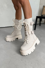 HAISLEY Chunky Lace Up Midi Boots - Beige PU - 2