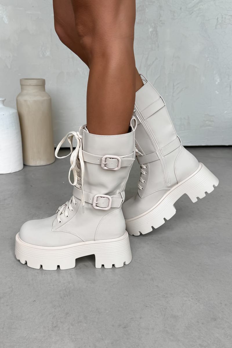 HAISLEY Chunky Lace Up Midi Boots - Beige PU - 3