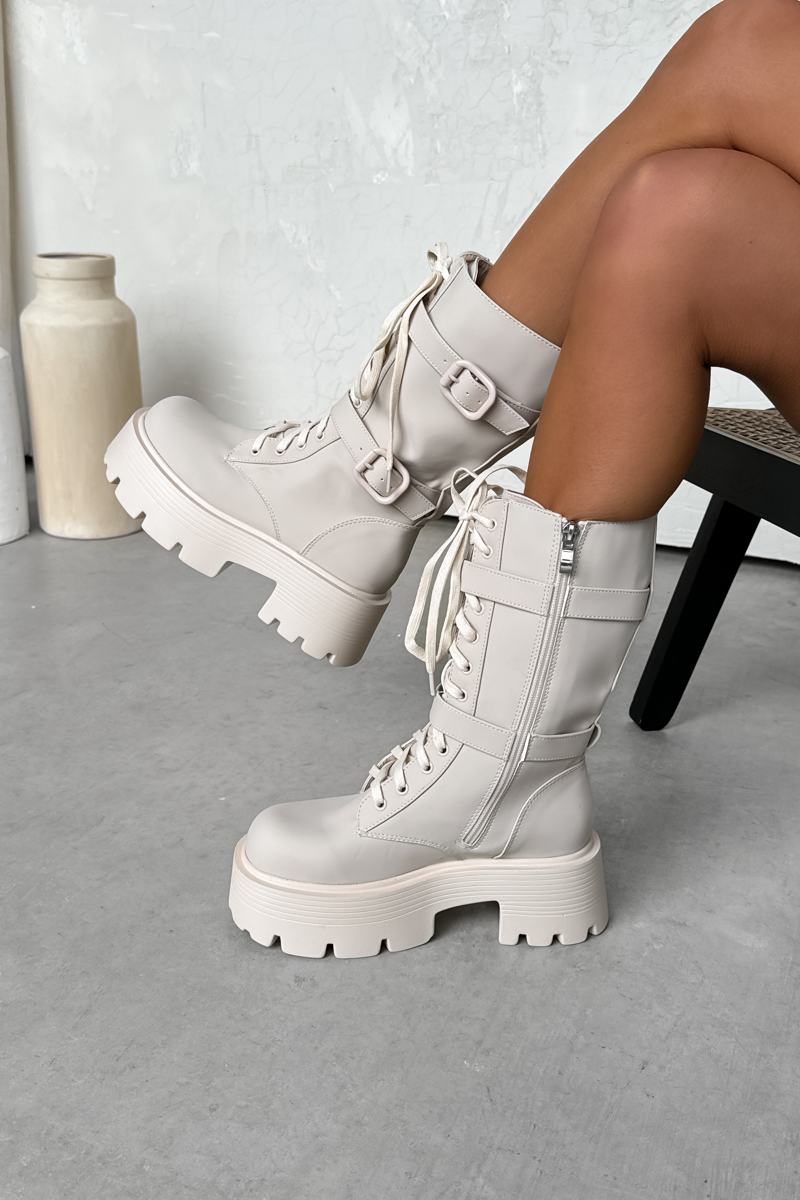 HAISLEY Chunky Lace Up Midi Boots - Beige PU - 4