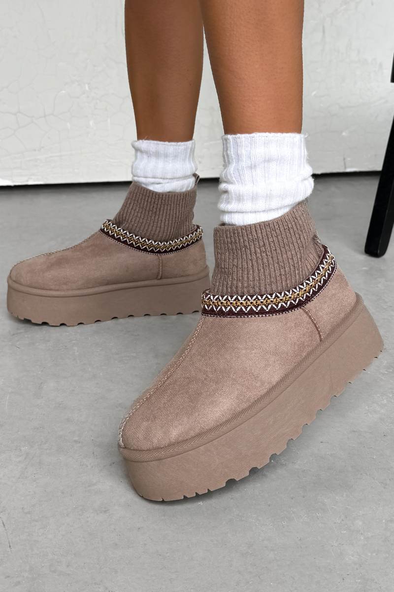 HARLIE Suede Embroidered Chunky Sockfit Boots - Taupe