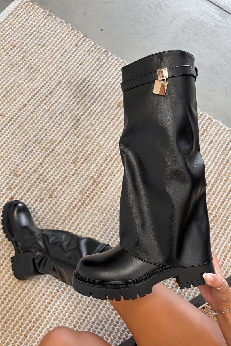 HARPER Flared Knee High Chunky Boots - Black PU