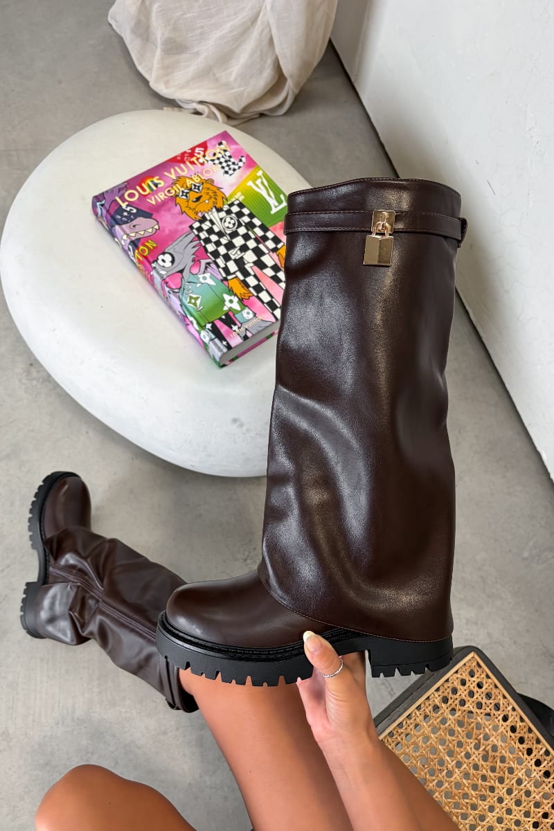 HARPER Flared Knee High Chunky Boots - Brown PU