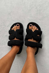 HARPER Shearling Gladiator Strap Sandal - Black