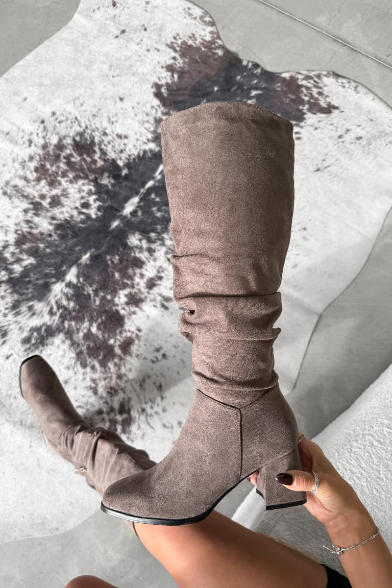 HAVANA Knee High Suede Slouch Boots - Taupe - 3