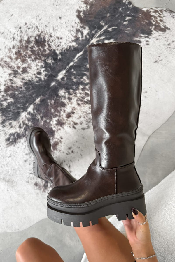 AVA Knee High Platform Boots - Brown
