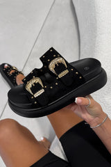 HAZEL Chunky Studded Buckle Sandals - Black - 3