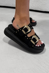 HAZEL Chunky Studded Buckle Sandals - Black - 4