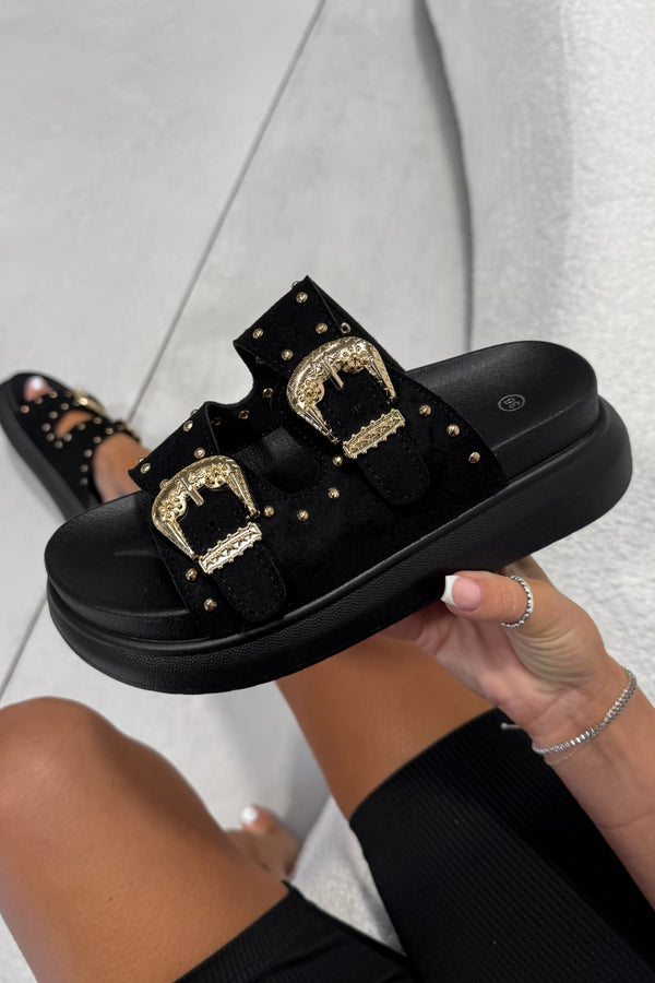 HAZEL Chunky Studded Buckle Sandals - Black - 3