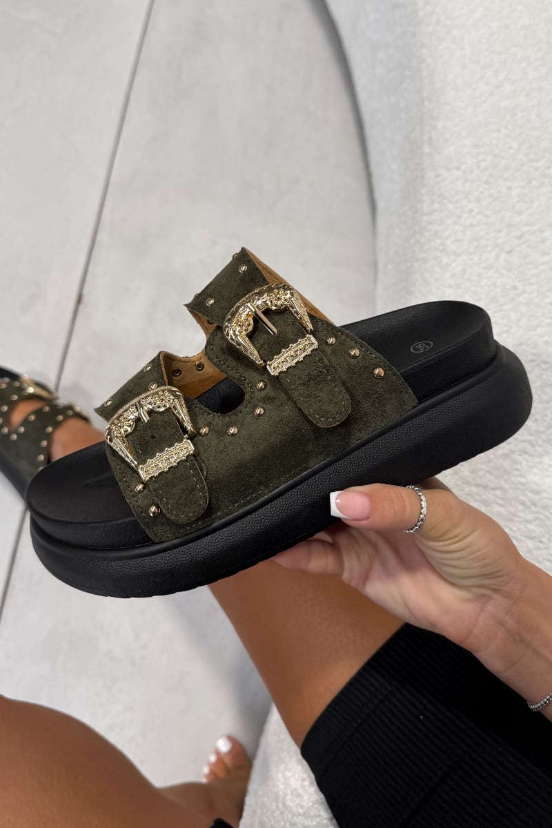 HAZEL Chunky Studded Buckle Sandals - Khaki - 4