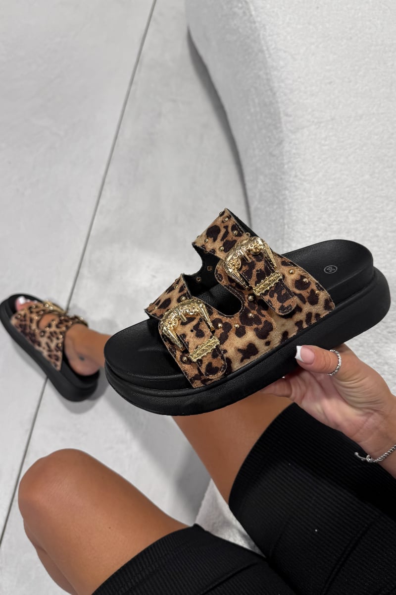 HAZEL Chunky Studded Buckle Sandals - Leopard - 4