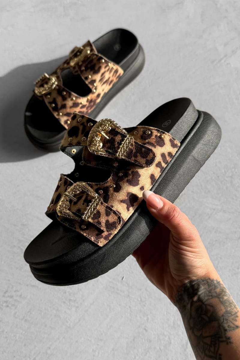 HAZEL Chunky Studded Buckle Sandals - Leopard - 2