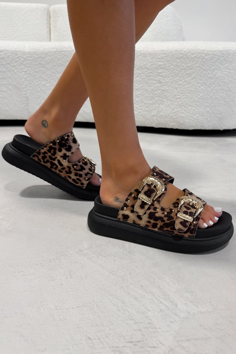 HAZEL Chunky Studded Buckle Sandals - Leopard - 1