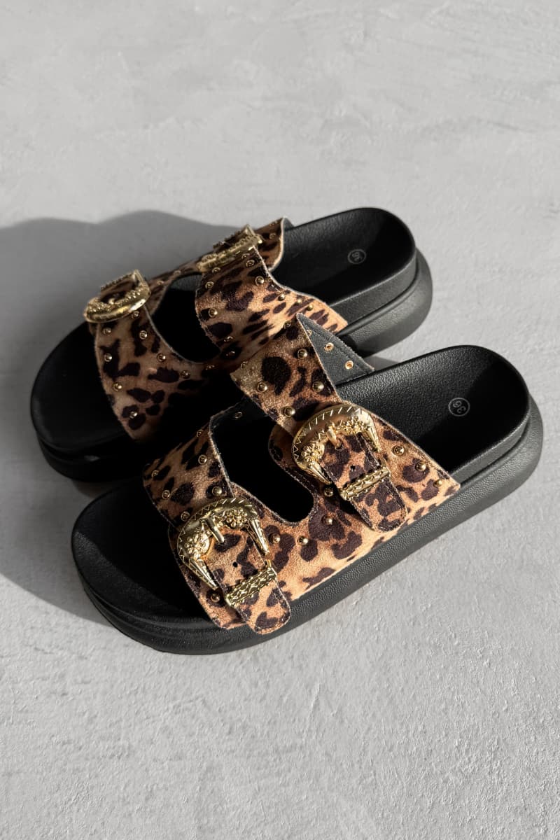 HAZEL Chunky Studded Buckle Sandals - Leopard - 3