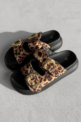 HAZEL Chunky Studded Buckle Sandals - Leopard - 3