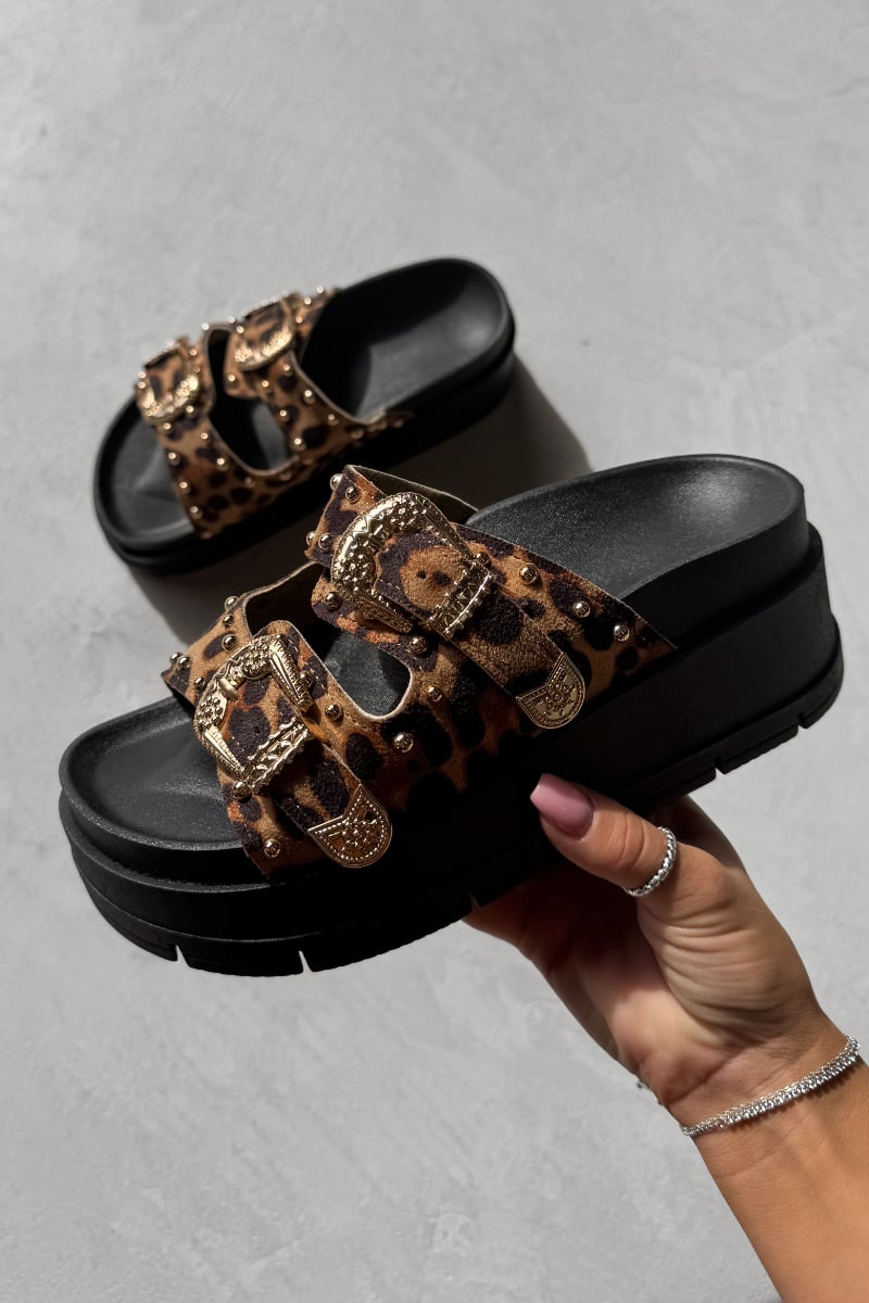 HAZEL Chunky Studded Buckle Sandals - Leopard Platform -1 