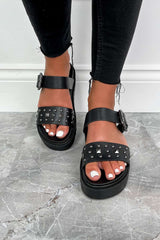 HOLD ON Chunky Studded Buckle Sandals - Black - 3