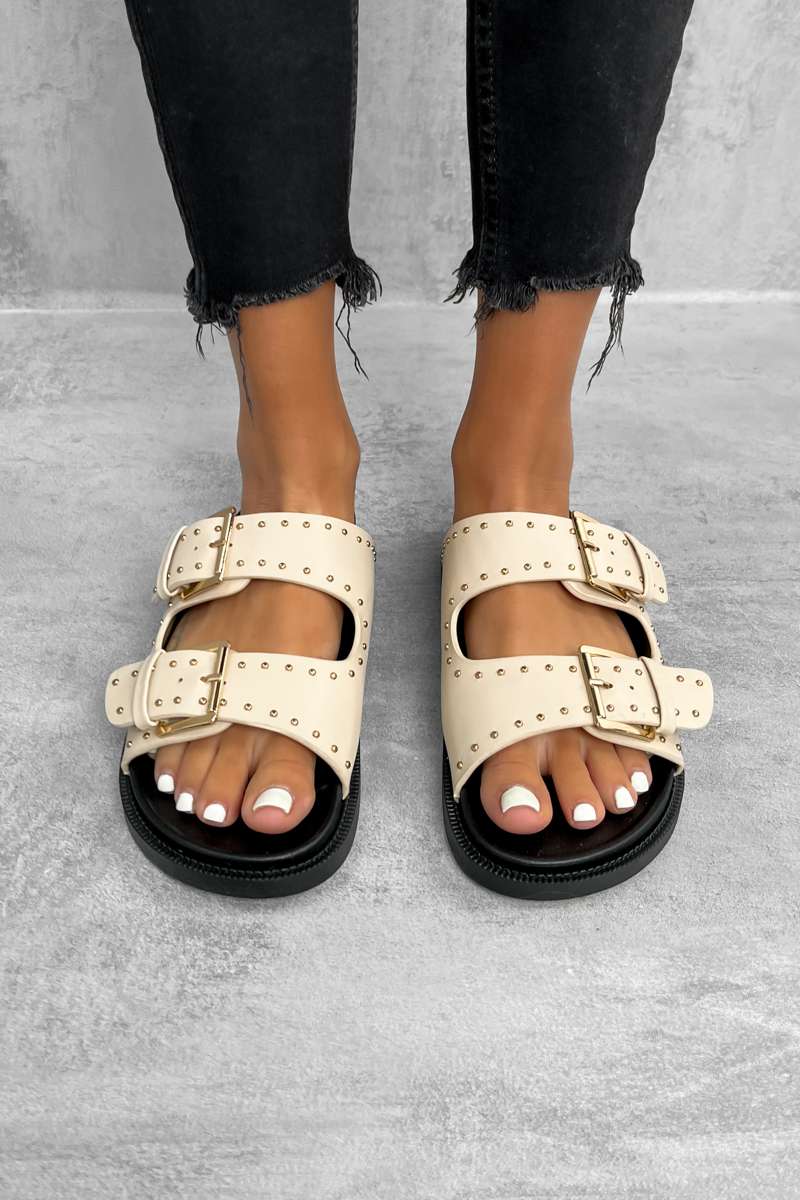 HOLD UP Chunky Studded Buckle Sandals - Beige - 2