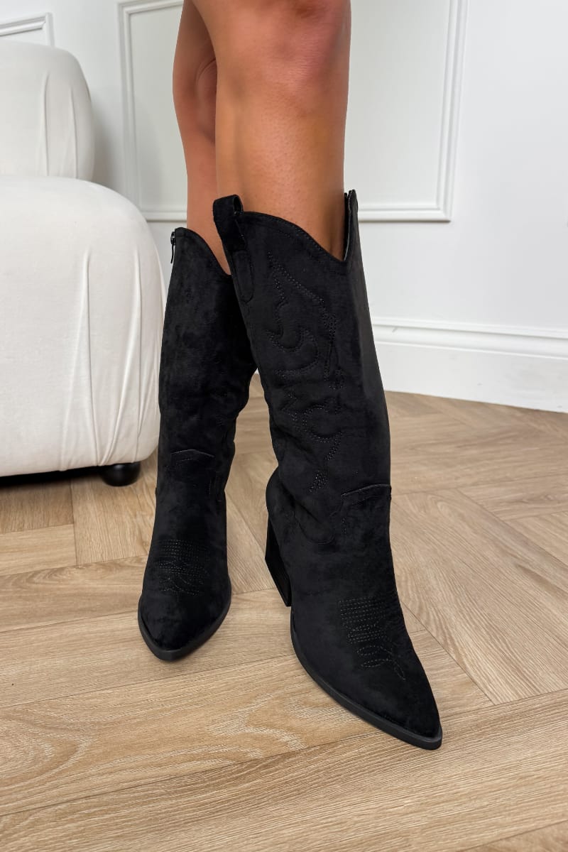 HOUSTON Mid Calf Cowboy Western Boots - Black - 3