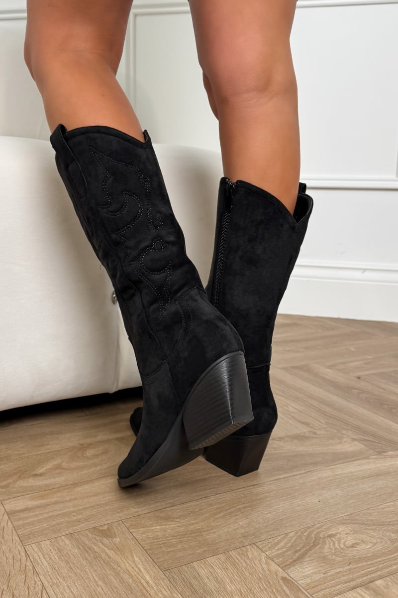 HOUSTON Mid Calf Cowboy Western Boots - Black - 1