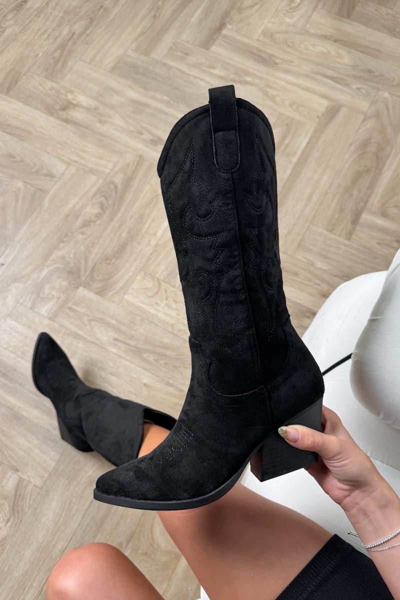 HOUSTON Mid Calf Cowboy Western Boots - Black