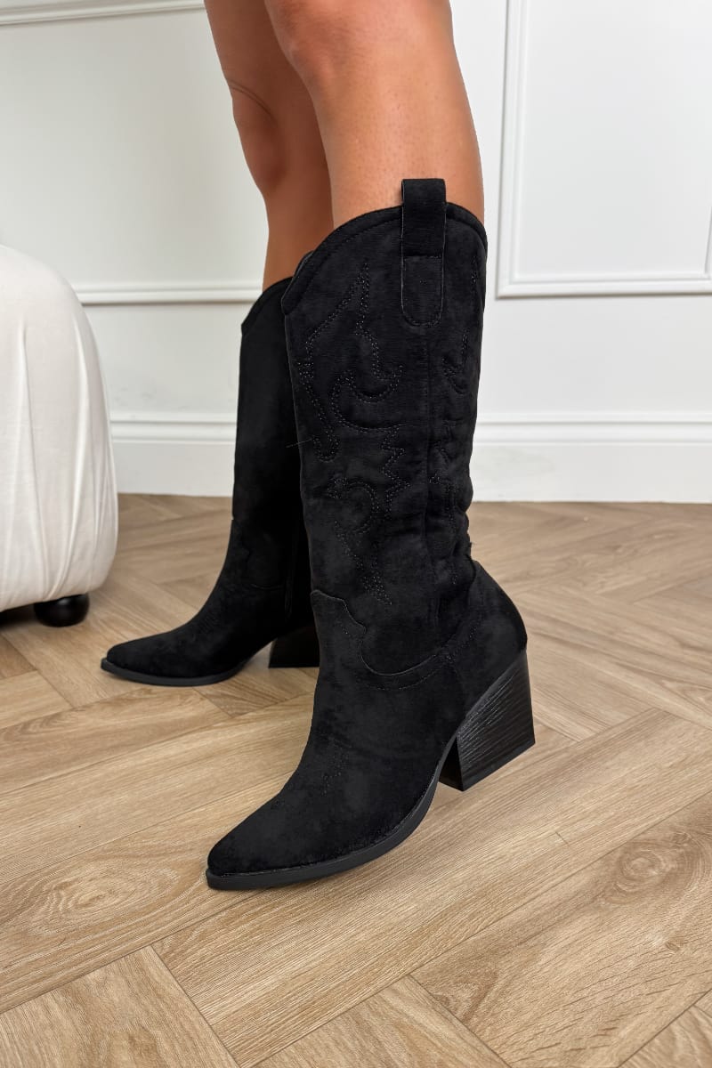 HOUSTON Mid Calf Cowboy Western Boots - Black - 5