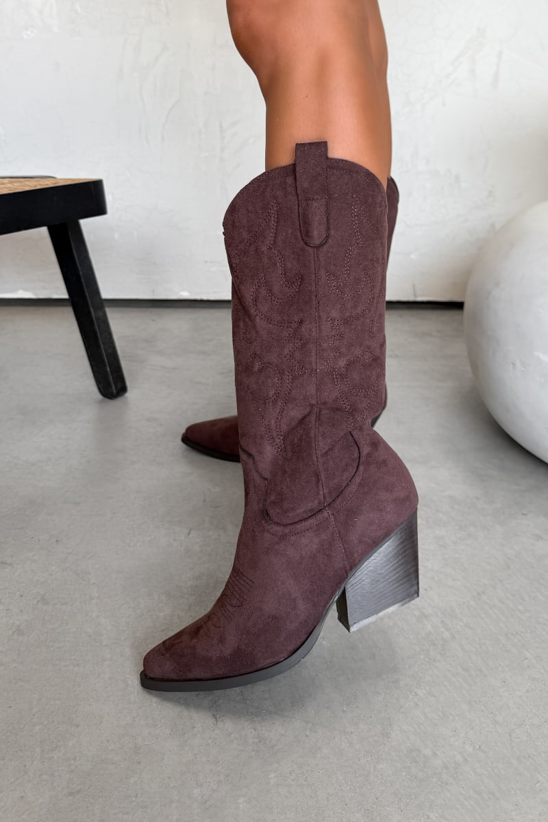 HOUSTON Mid Calf Cowboy Western Boots - Brown - 3