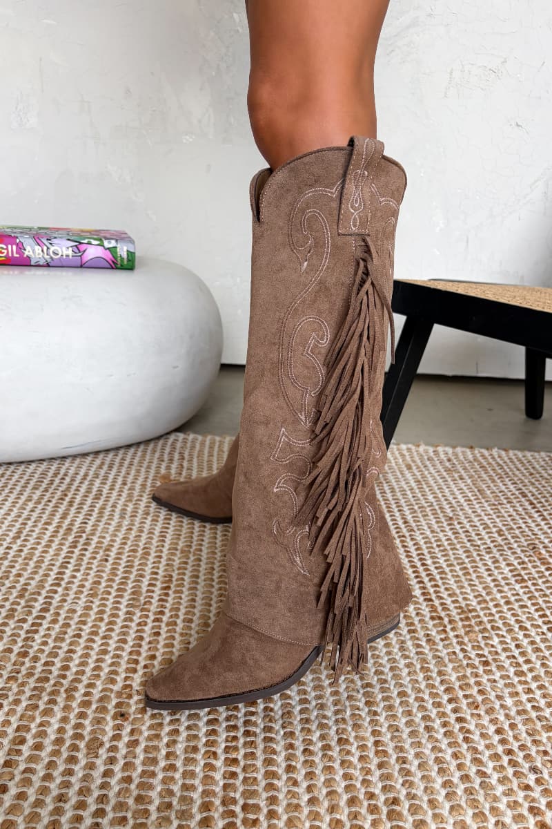 IBIZA Flared Suede Cowboy Western Boots - Taupe - 1