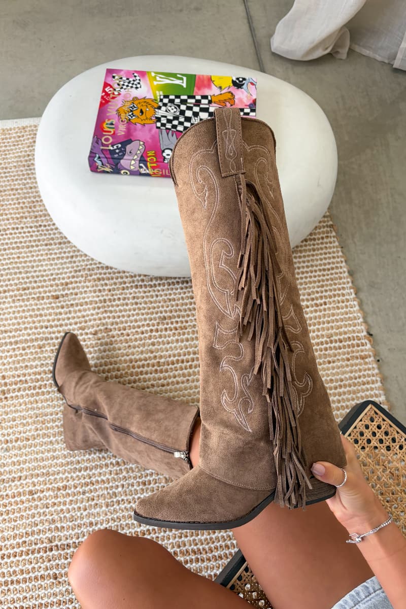 IBIZA Flared Suede Cowboy Western Boots - Taupe - 4