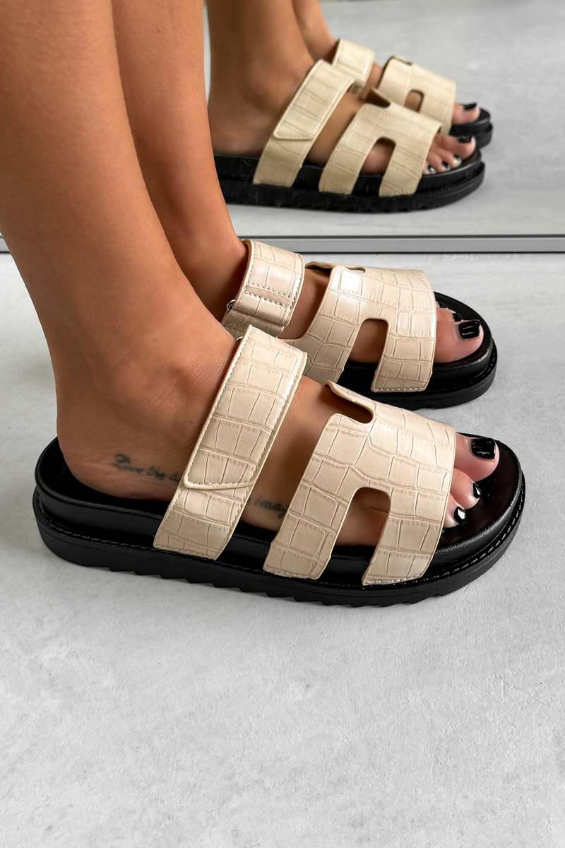 INDIE Gladiator Strap Slider Sandals - Beige Croc - 2